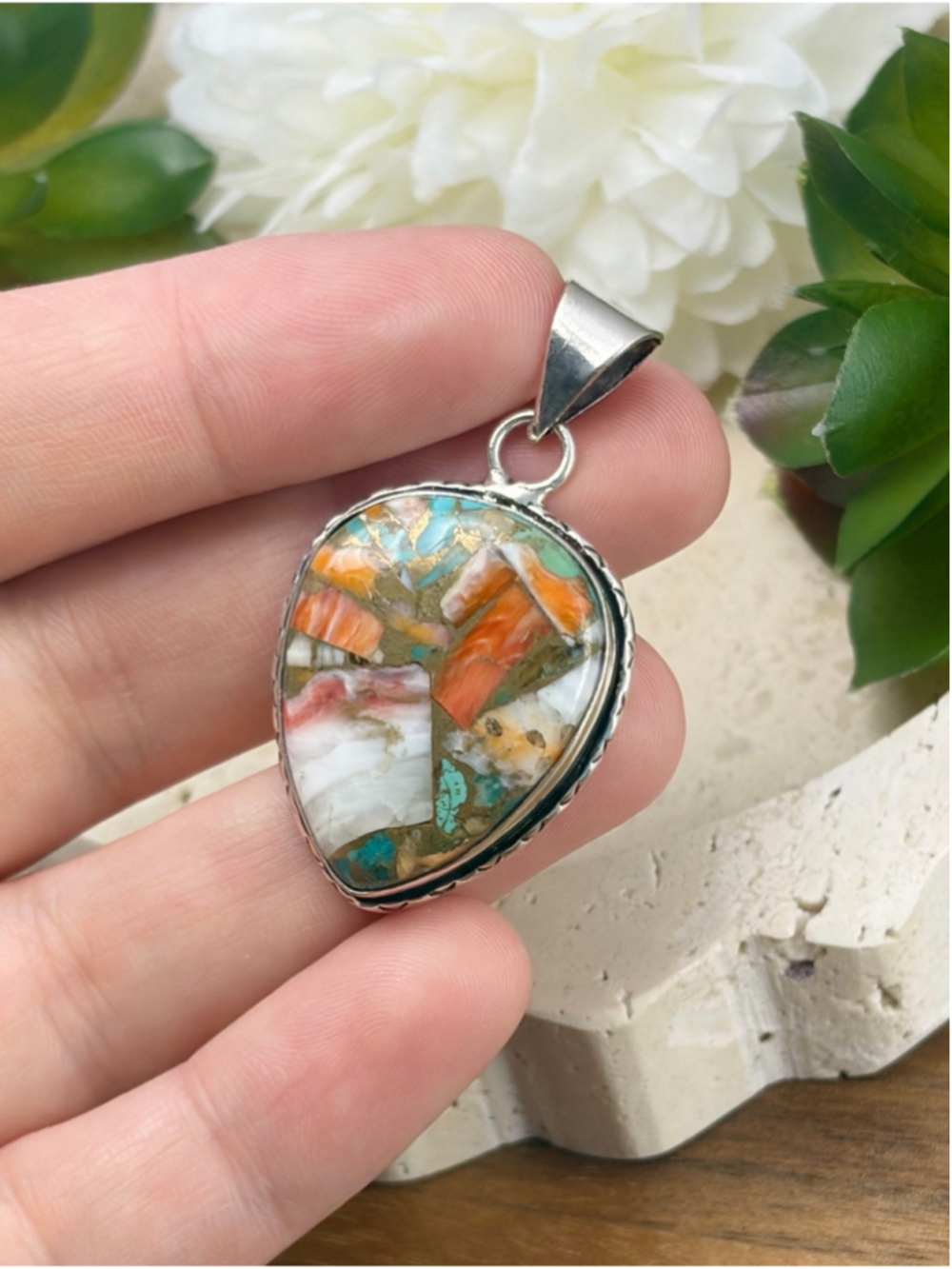 Southwest Oyster Turquoise Pendant Pear Sterling Silver 925 Overlay Handmade New - Picture 4 of 7